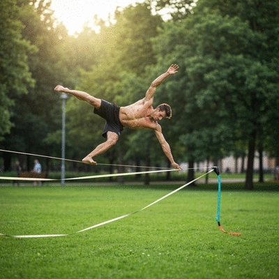 Person performing aerial stunts on a trickline slackline in an outdoor setting