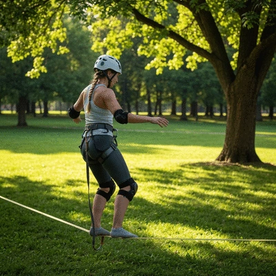Person using protective gear while slacklining outdoors