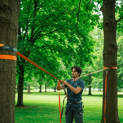 Beginner setting up a slackline in a park with trees, bright daylight