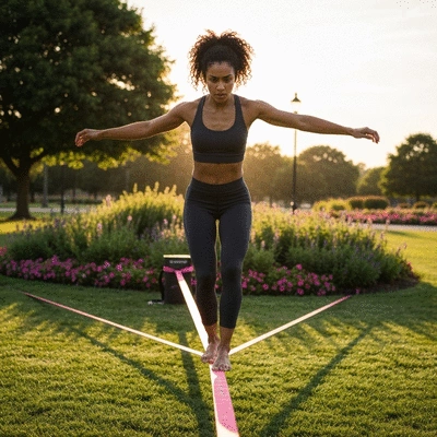 Person balancing on a slackline in a park