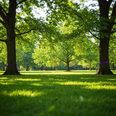A slackline set up between two trees in a park, with green grass and sunlight, no text, no words, no typography, clean image