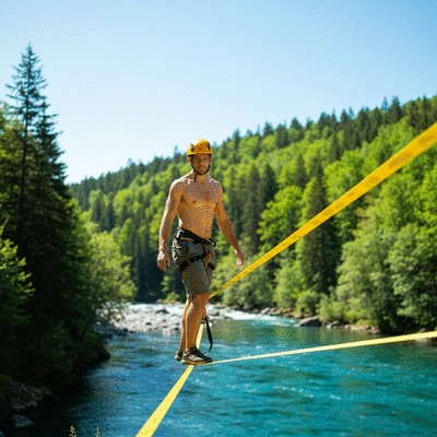 Person wearing safety gear and walking on a slackline