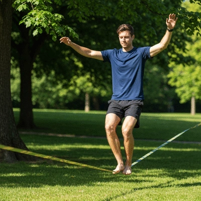 Person practicing slacklining in a park, demonstrating balance and focus