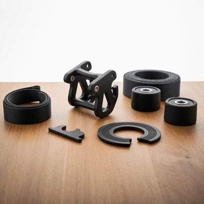 Various slackline gear components displayed neatly