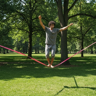 Person balancing on a slackline in a park