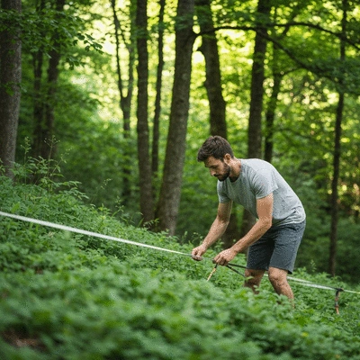 Person carefully assessing a natural outdoor environment for slackline setup, checking ground conditions and potential anchor points