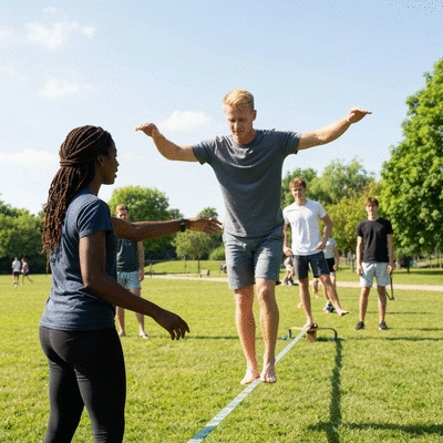 People learning slacklining at an outdoor workshop, instructor assisting, natural park setting