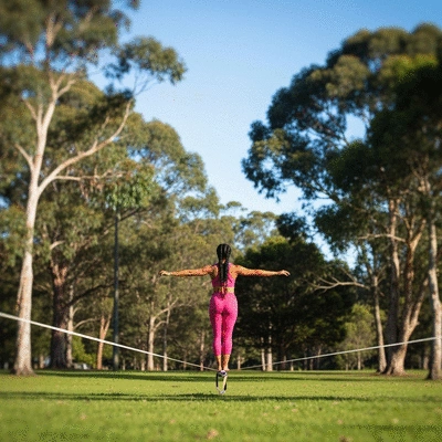 Person practicing slacklining in an Australian park, focus and balance