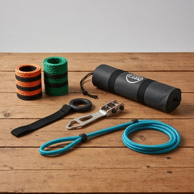 Slackline accessories like tree protectors, ratchet, and carry bag laid out on a wooden surface, clean image, no text, no words, no typography