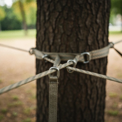 A close-up shot of a slackline setup, showing the webbing and anchor points, emphasizing safety and proper installation.