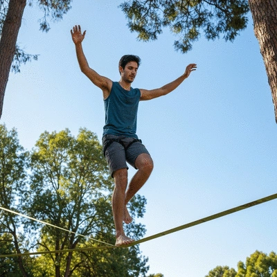 A person walking on a slackline in a park, demonstrating balance and core strength, with a clear blue sky background.