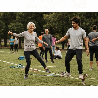 Group of slackliners practicing safely in a park
