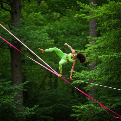 Advanced slackliner performing a trick on a slackline in a forest, dynamic action shot