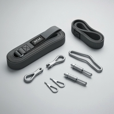 Selection of trickline slackline gear laid out on a clean background