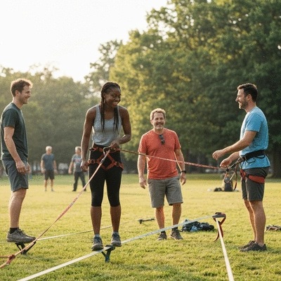 Group of slackliners setting up equipment in a park