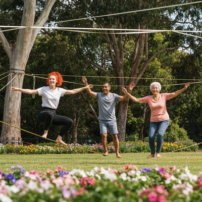 People slacklining in a park, enjoying nature and community, in Australia