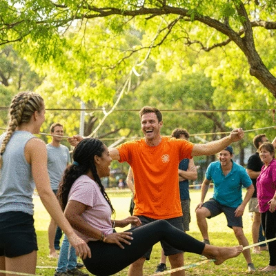 Group of diverse people enjoying slacklining in a vibrant outdoor setting in Australia