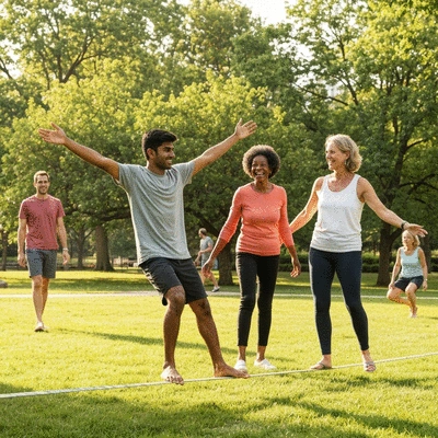 Group of people slacklining in a park, fostering community